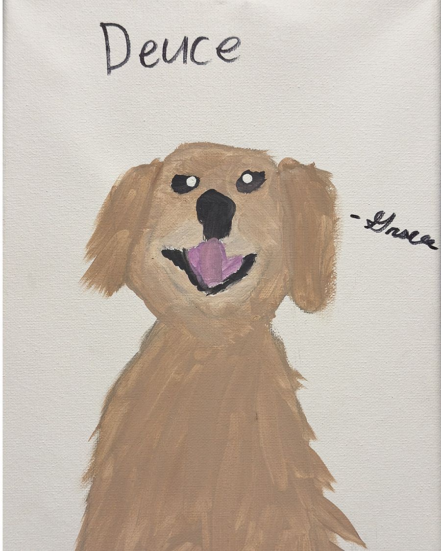 A hand-painted portrait of Deuce, the family’s golden retriever, created by a young child.
