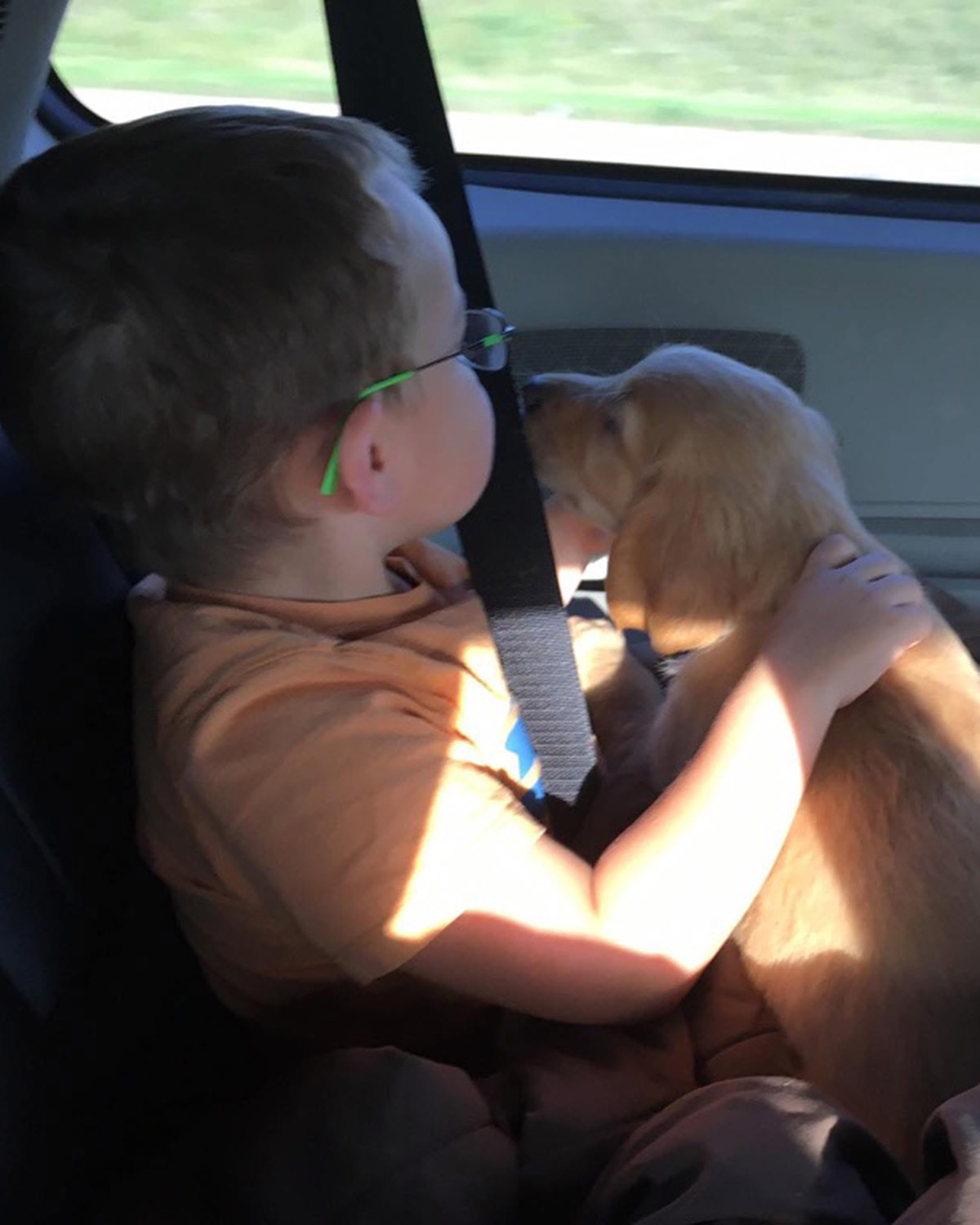 A young boy smiles as a small puppy lovingly licks his cheek in the back seat of a car.