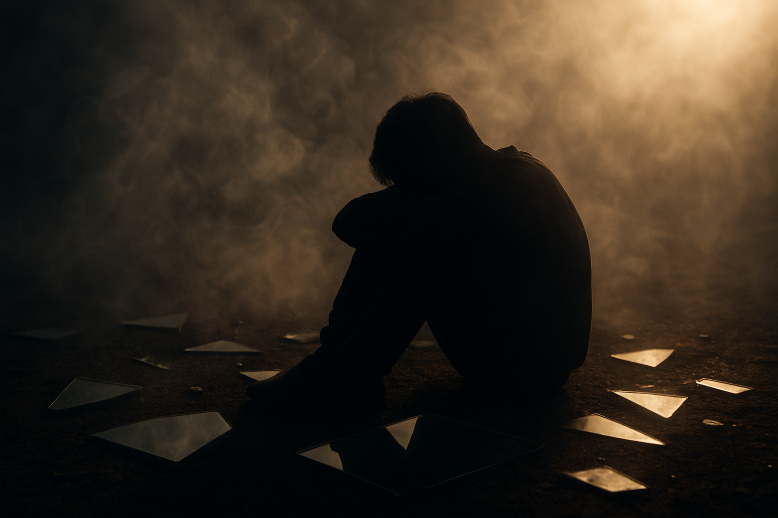 Silhouette of a person sitting amid broken mirrors and smoke, with sunlight breaking through the haze — representing honesty and self-reflection beyond appearances.